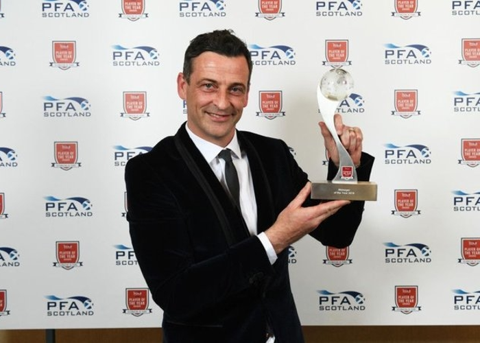 Jack Ross, Scottish football coach, holding a Manager of the Year Award in 2018